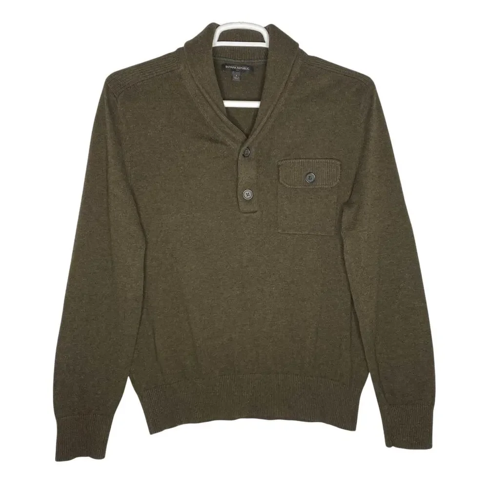 Banana Republic Shawl Collar Sweater Green Button Pullover Large Cabin Gorpcore